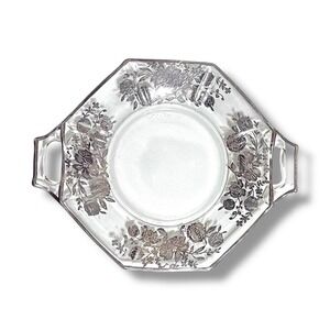 Vtg Clear Glass Plate Silver Overlay Double/Handled Octagonal Floral Serving